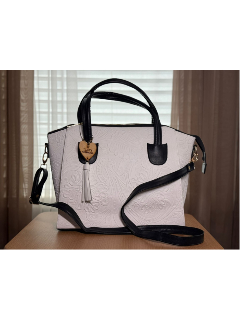 Black and White Embossed Tooled Artisan LEATHER Bag Purse Bolsa Artesanal Mexico - Picture 6 of 14